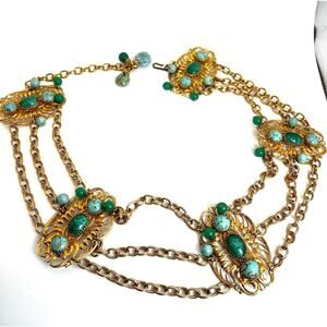Vintage Napier cabochon gold tone and stone chain belt
